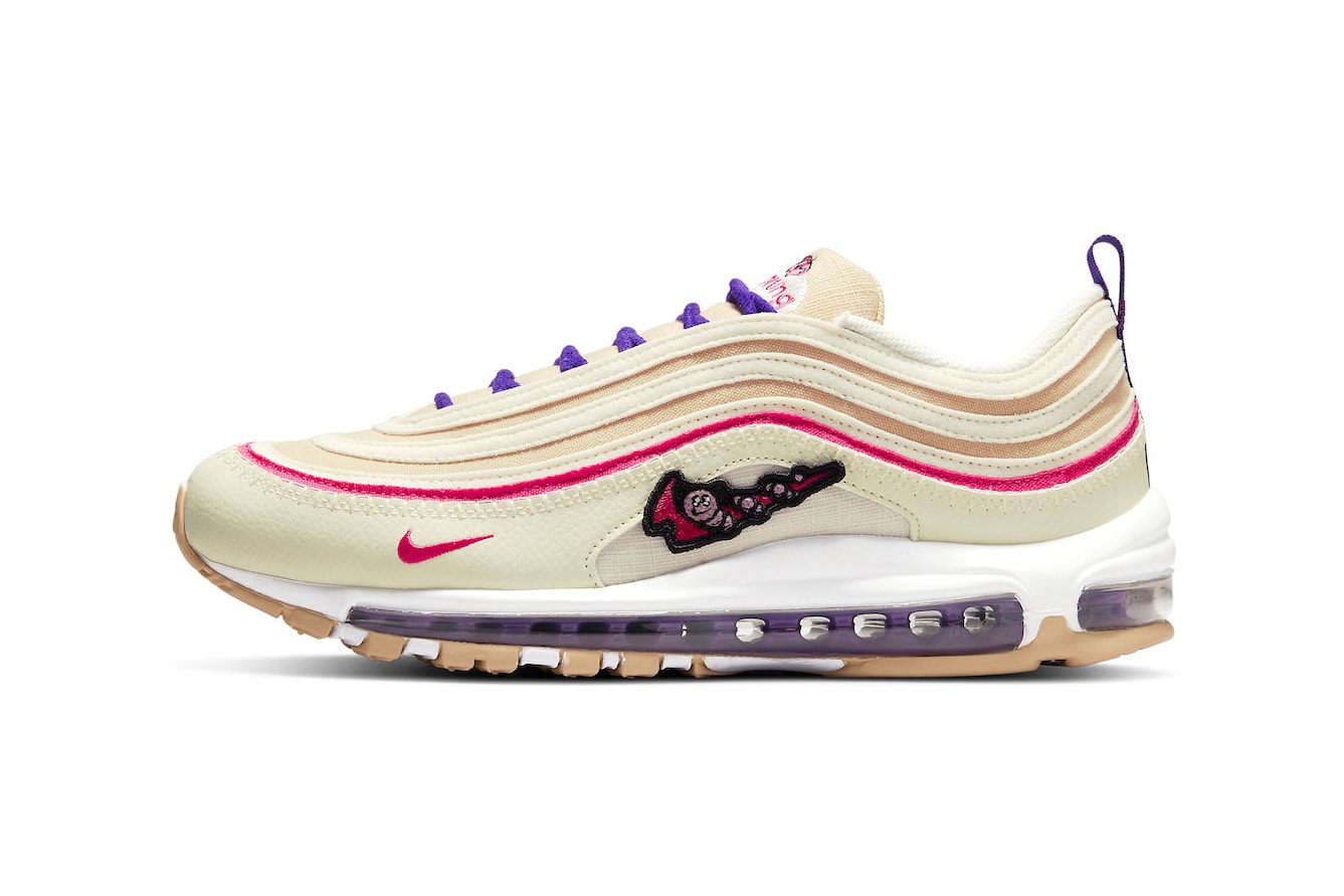 Nike Air Max 97 Air Spring recycled move to zero tumbled leather canvas purple pink sail white mushroom motif butterfly caterpillar  170 USD price Official Photos Release Info 