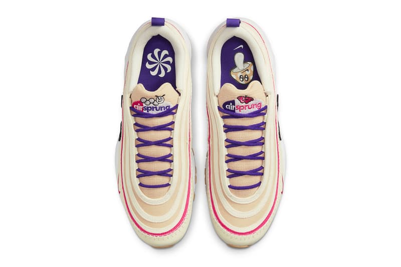 Nike Air Max 97 Air Spring recycled move to zero tumbled leather canvas purple pink sail white mushroom motif butterfly caterpillar  170 USD price Official Photos Release Info 