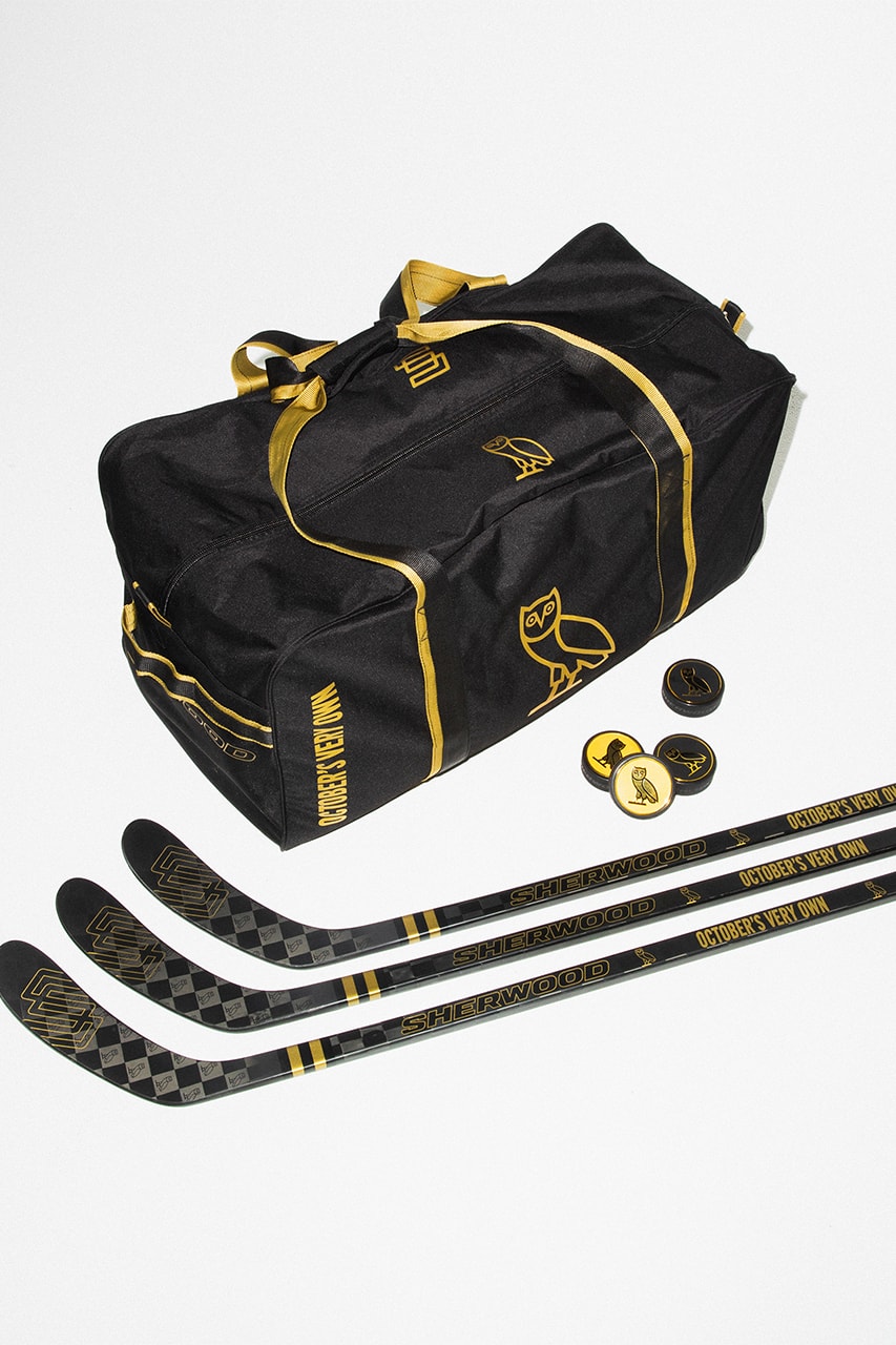 ovo octobers very own drake sherwood ice hockey collection puck stick helmet bag goalkeeper release details information canada toronto