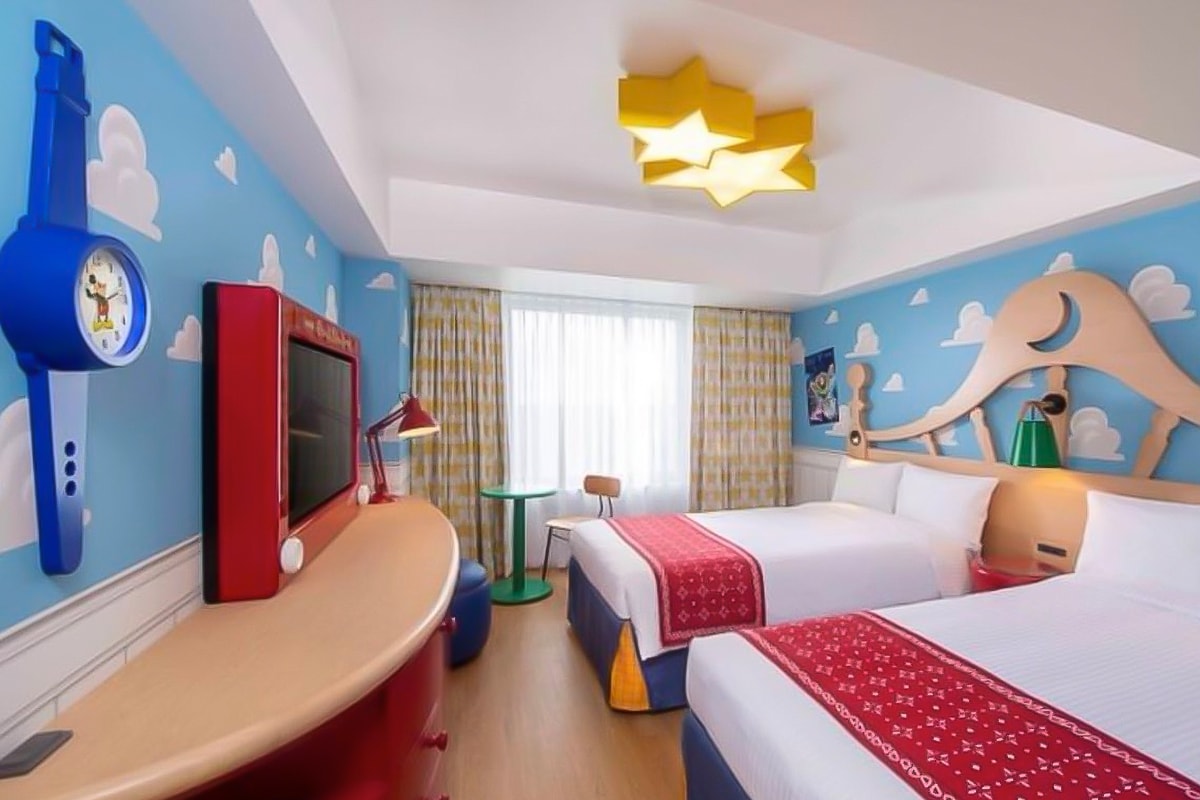 Disney Pixar New hotel theme toy story resort rooms restaurants cg chiba maihama 2022 may 5 11 floors 595 guest rooms  blue sky white clouds mickey mouse rozzo garden cafe woody buzz lightyear jesse news