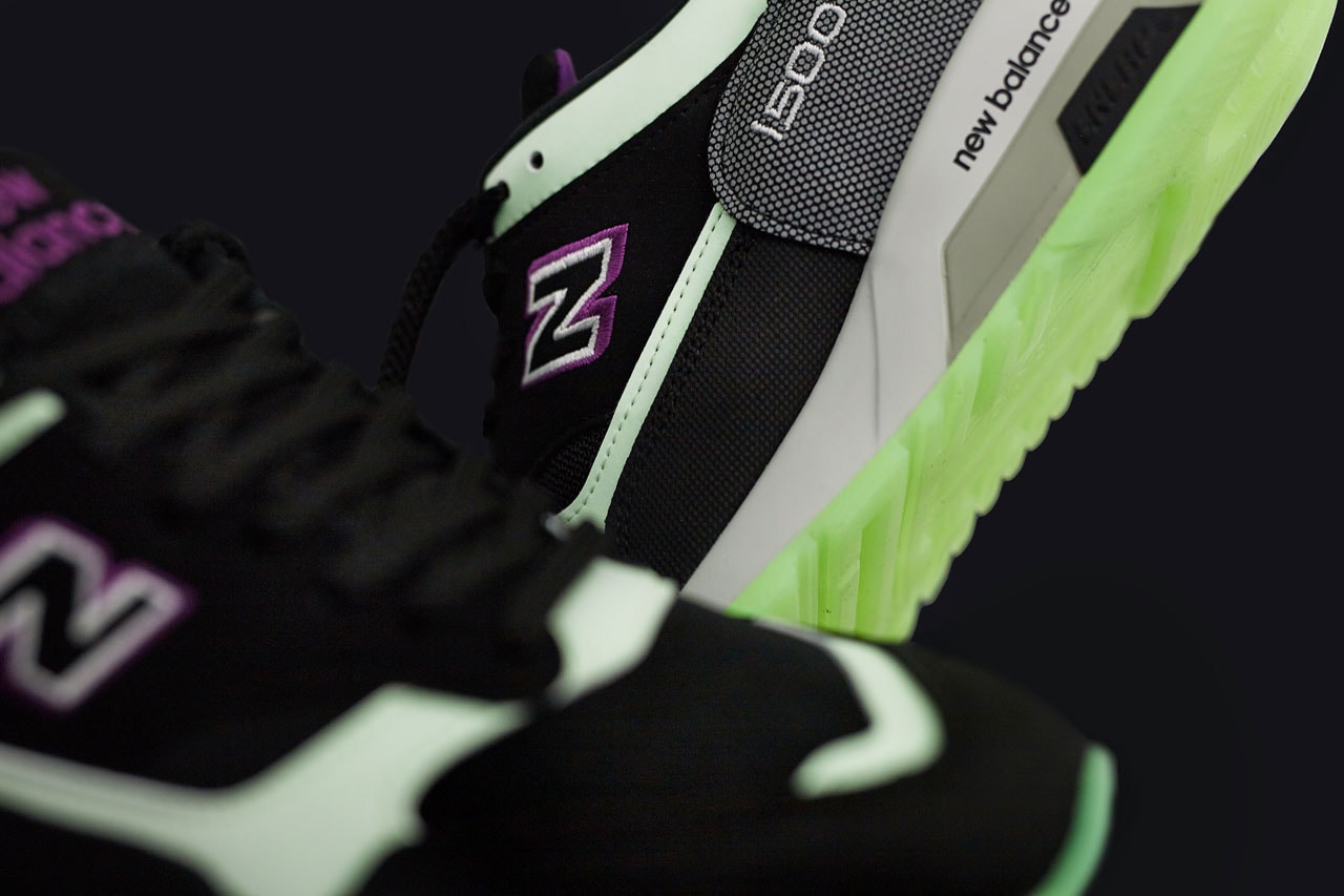 New Balance Drops Glow-in-the-Dark 1500 Trainers Made In England 1989 N Logo Reflective Heel Mesh Suede Upper Black Laces Phosphorescent Neon Green Sole 