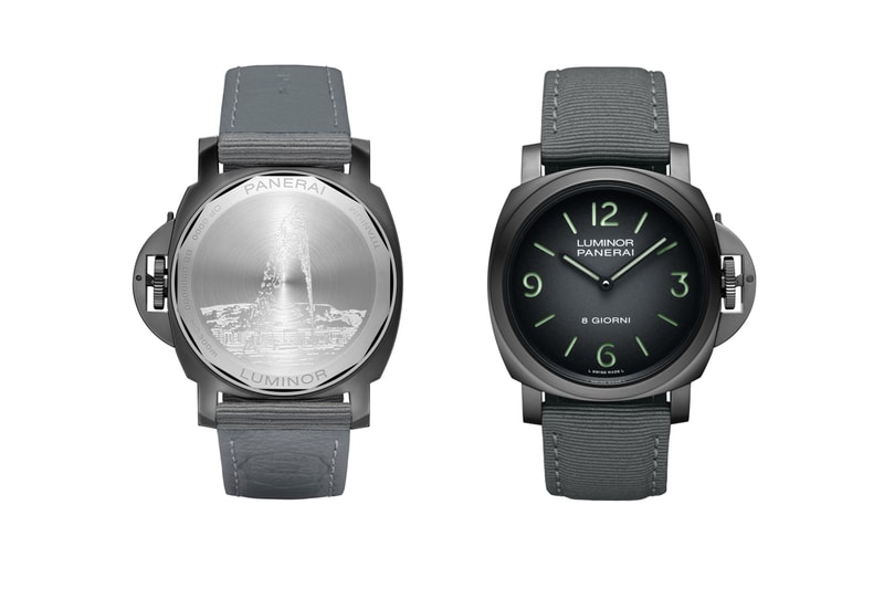 Panerai Luminor Geneva Boutique Special Edition Glucydur Jet d’Eau Fountain Art Deco  P.5000 Internal Movement Geneva Switzerland 21 Rue de Rhône Arabic Numerals Green Hands Watch Timepiece 