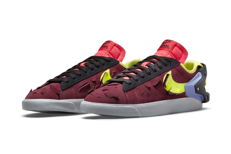 Official Look at the ACRONYM x Nike Blazer Low night maroon neon yellow lilac black glow in the dark green cutout foam calligraphy shuriken sneaker release date info price