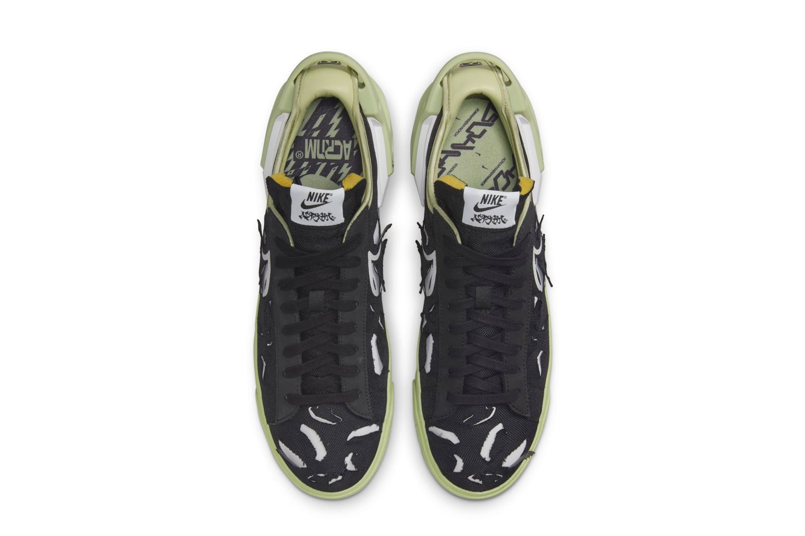 Official Look at the ACRONYM x Nike Blazer Low night maroon neon yellow lilac black glow in the dark green cutout foam calligraphy shuriken sneaker release date info price