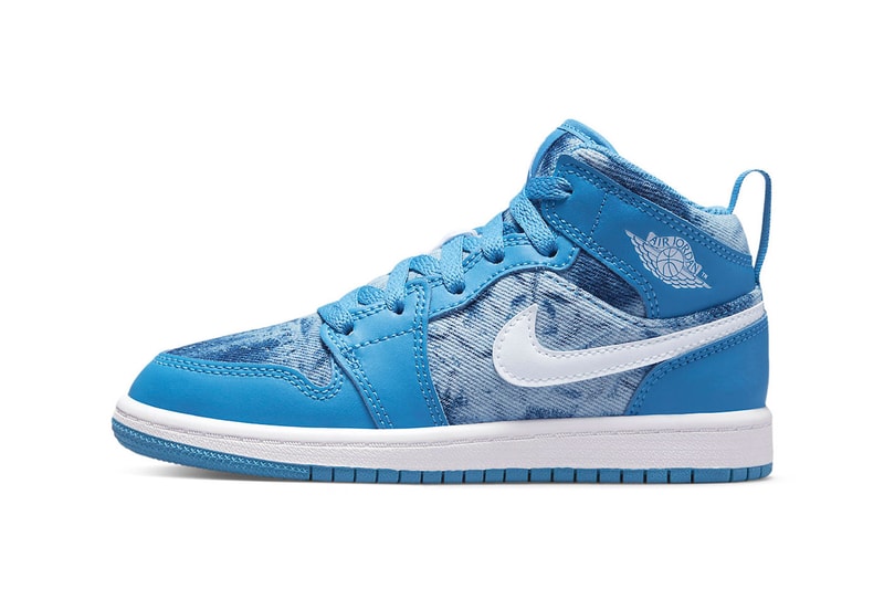 Air Jordan 1 Mid "Washed Denim" Release Info DM8952-400 february 2022 coming soon nike air jordan jeans blue white acid wash unique