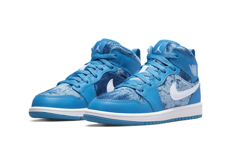 Air Jordan 1 Mid "Washed Denim" Release Info DM8952-400 february 2022 coming soon nike air jordan jeans blue white acid wash unique