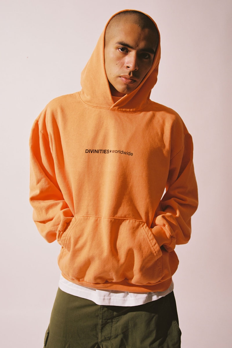 DIVINITIES SS22 Collection Lookbook Release Buy Price Info HBX Spring Summer Logo Pullover Sweatshirts Denim Pants T-shirts Mohair Sweaters Vegan Leather Wallet Los Angeles