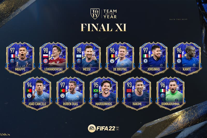 ea sports electronic arts fifa 22 football video game team of the year 11 eleven messi mbappe lewandowski 