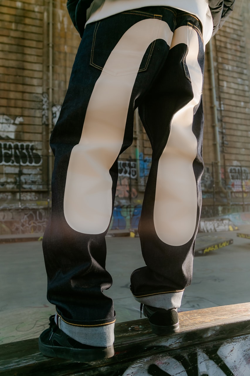 EVISU Revives Its 2000 Baggy Fit Denim Jeans Seagull Painted legs skateboarding