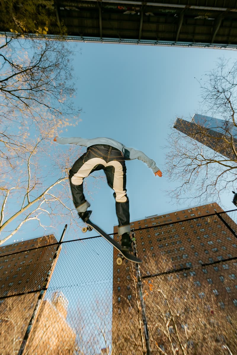 EVISU Revives Its 2000 Baggy Fit Denim Jeans Seagull Painted legs skateboarding