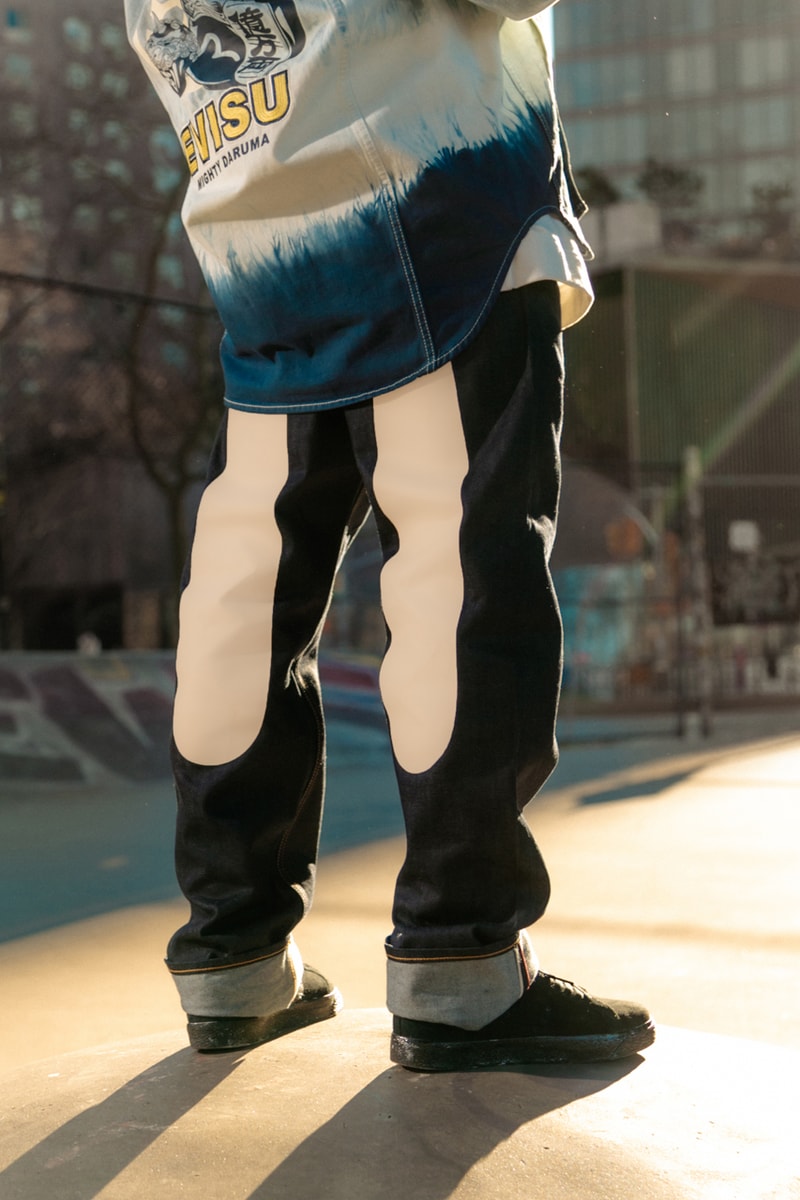 EVISU Revives Its 2000 Baggy Fit Denim Jeans Seagull Painted legs skateboarding