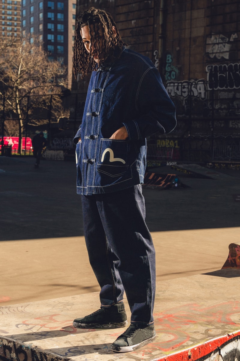 EVISU Revives Its 2000 Baggy Fit Denim Jeans Seagull Painted legs skateboarding