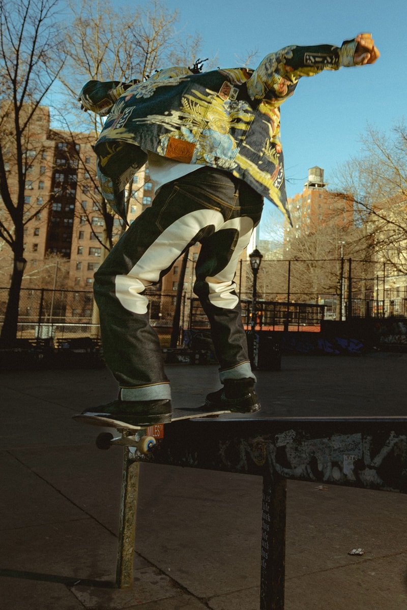 EVISU Revives Its 2000 Baggy Fit Denim Jeans Seagull Painted legs skateboarding