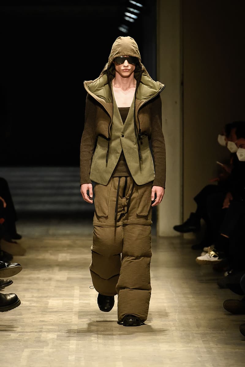 GALL FW22 Is Where Tailoring Meets Volume milan fashion week runway models justin gall murk earthy tones geometric pattern volume high fashion technical effortless