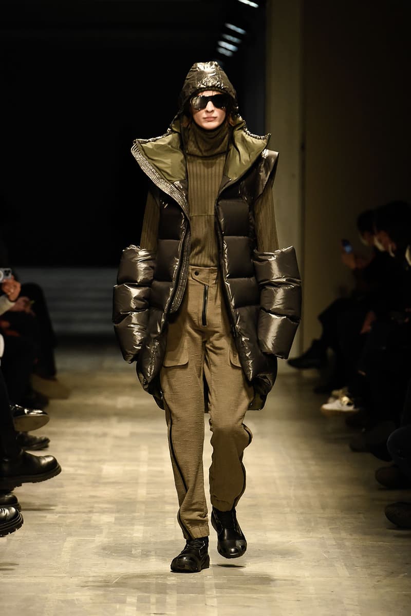 GALL FW22 Is Where Tailoring Meets Volume milan fashion week runway models justin gall murk earthy tones geometric pattern volume high fashion technical effortless