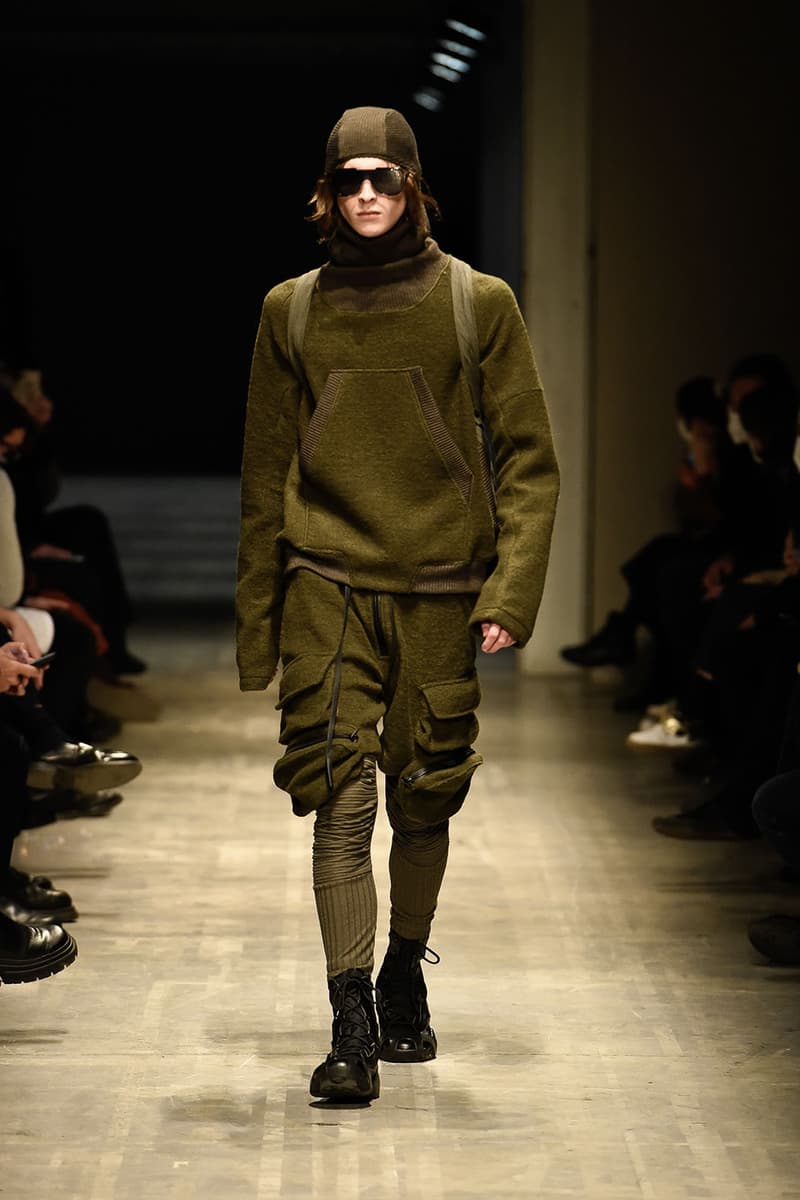 GALL FW22 Is Where Tailoring Meets Volume milan fashion week runway models justin gall murk earthy tones geometric pattern volume high fashion technical effortless