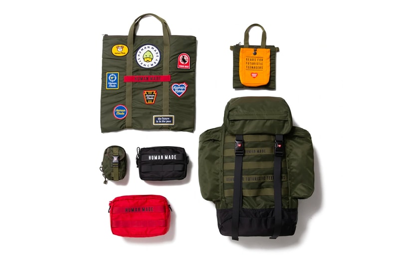 Human made military bag season 23 embroidered badges backpack tote mini tote pouches green release info