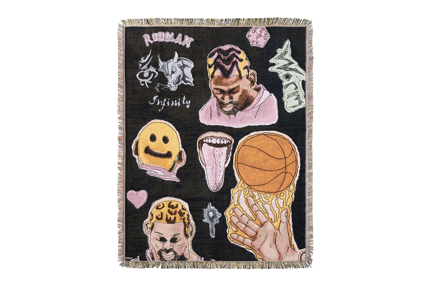 MA®KET Launches a Dennis Rodman Collection pink leopard print hoodies and shorts,  photoshoot tees, poster sets, jerseys bucket hats sweatpants woven blankets and Champion basketball shorts apparel home goods doodles pillows smiley face bridal gown t shirt trucker hat release info date price