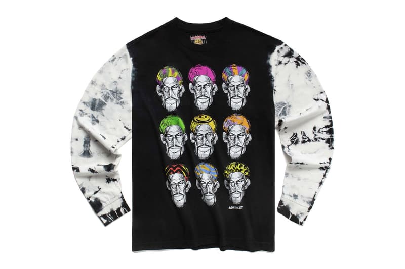 MA®KET Launches a Dennis Rodman Collection pink leopard print hoodies and shorts, photoshoot tees, poster sets, jerseys bucket hats sweatpants woven blankets and Champion basketball shorts apparel home goods doodles pillows smiley face bridal gown t shirt trucker hat release info date price