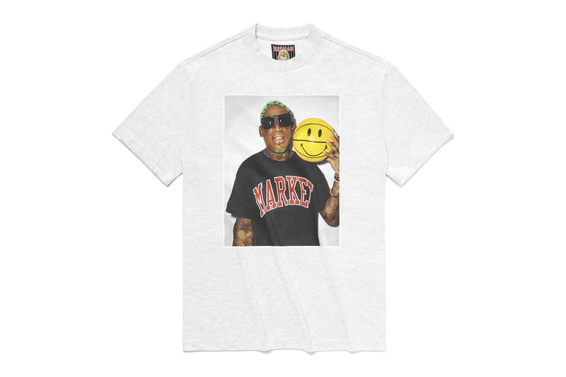 MA®KET Launches a Dennis Rodman Collection pink leopard print hoodies and shorts,  photoshoot tees, poster sets, jerseys bucket hats sweatpants woven blankets and Champion basketball shorts apparel home goods doodles pillows smiley face bridal gown t shirt trucker hat release info date price