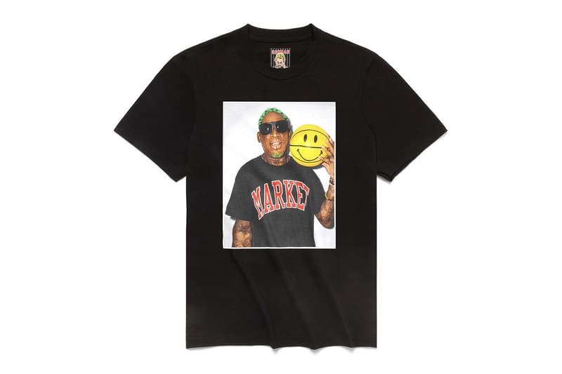 MA®KET Launches a Dennis Rodman Collection pink leopard print hoodies and shorts,  photoshoot tees, poster sets, jerseys bucket hats sweatpants woven blankets and Champion basketball shorts apparel home goods doodles pillows smiley face bridal gown t shirt trucker hat release info date price