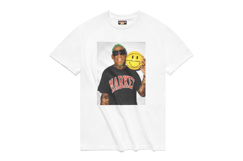 MA®KET Launches a Dennis Rodman Collection pink leopard print hoodies and shorts,  photoshoot tees, poster sets, jerseys bucket hats sweatpants woven blankets and Champion basketball shorts apparel home goods doodles pillows smiley face bridal gown t shirt trucker hat release info date price