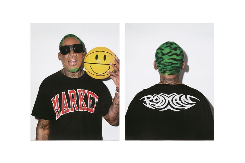 MA®KET Launches a Dennis Rodman Collection pink leopard print hoodies and shorts,  photoshoot tees, poster sets, jerseys bucket hats sweatpants woven blankets and Champion basketball shorts apparel home goods doodles pillows smiley face bridal gown t shirt trucker hat release info date price