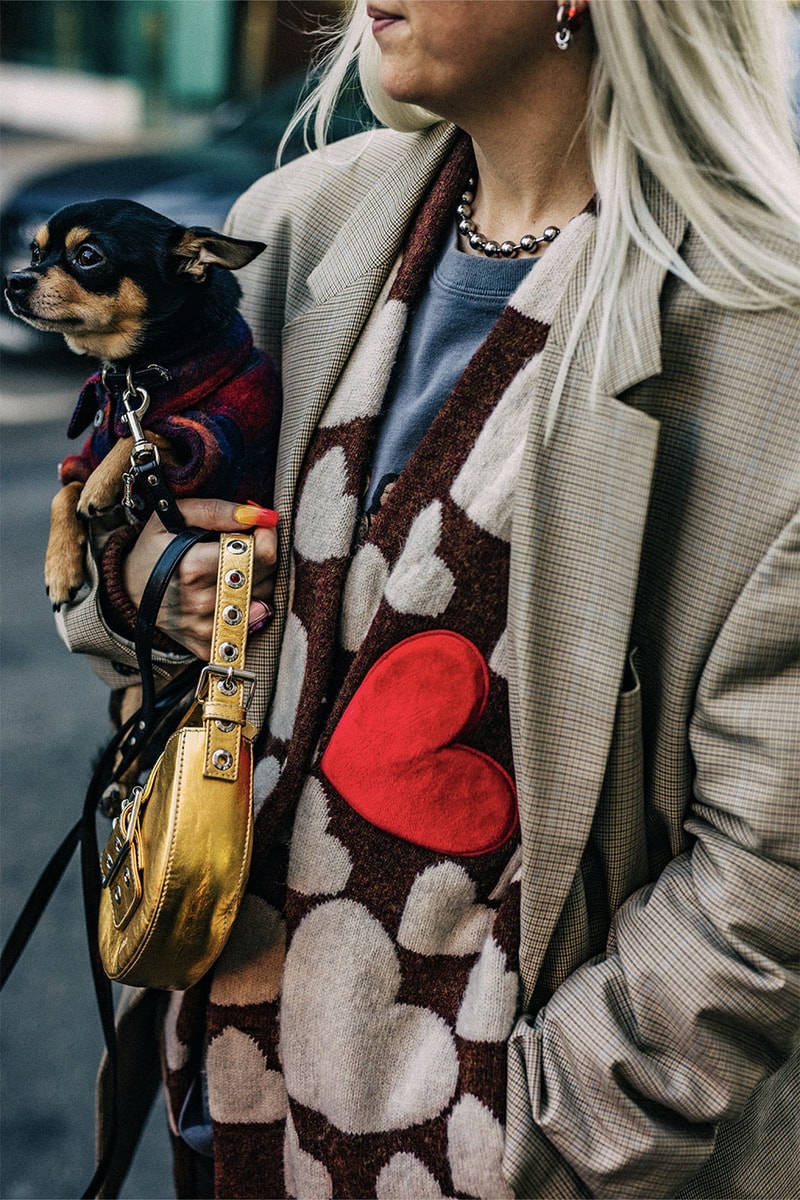 Milan Men's Fashion Week FW22 Street Style Served Coziness in Standout Patterns and Baggy Silhouettes fendi prada comme des garcons jw anderson