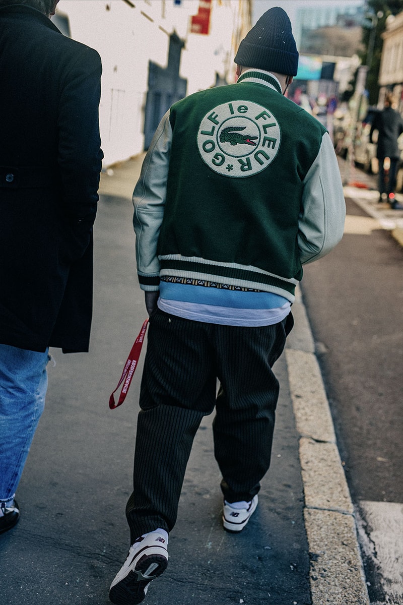 Milan Men's Fashion Week FW22 Street Style Served Coziness in Standout Patterns and Baggy Silhouettes fendi prada comme des garcons jw anderson