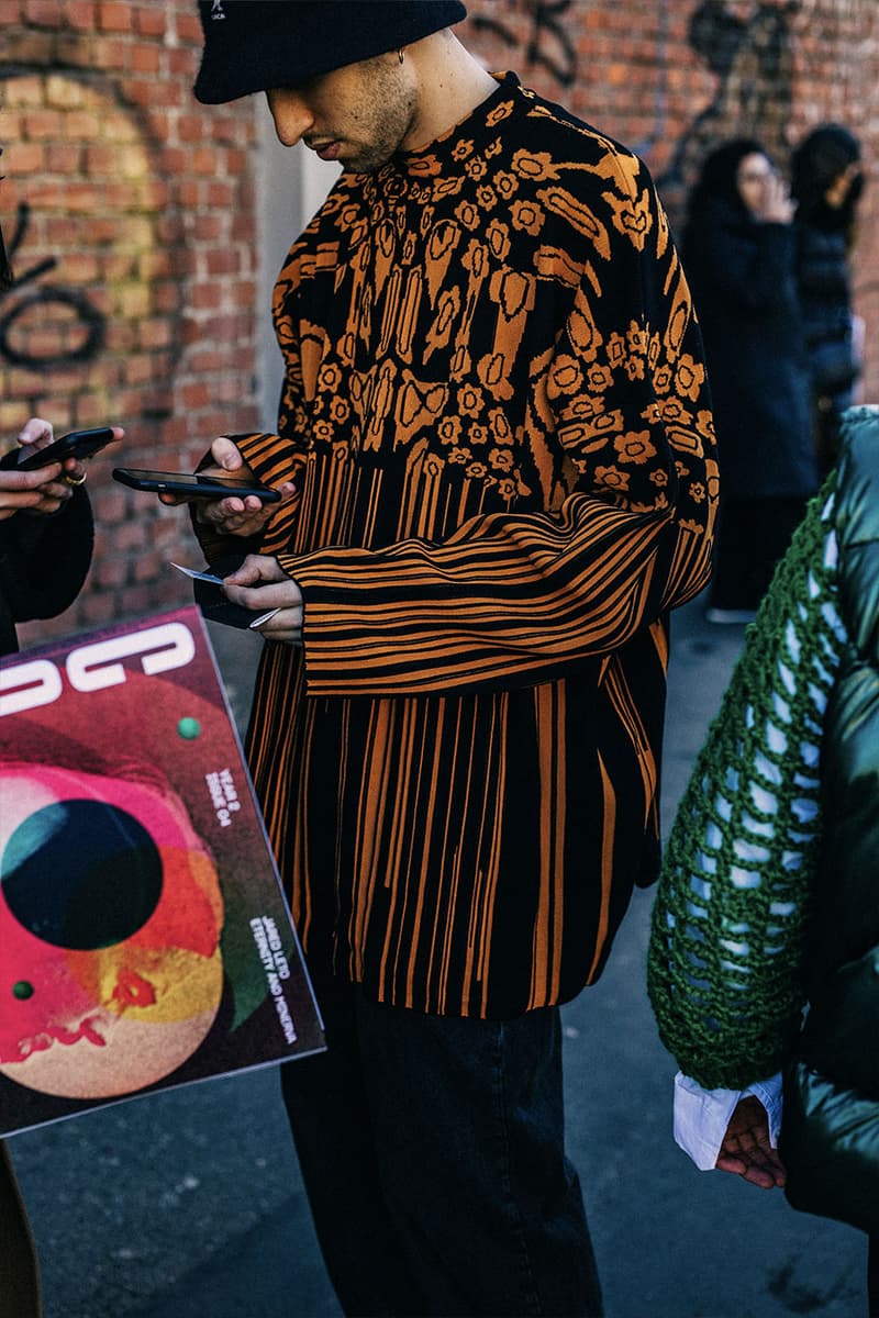 Milan Men's Fashion Week FW22 Street Style Served Coziness in Standout Patterns and Baggy Silhouettes fendi prada comme des garcons jw anderson