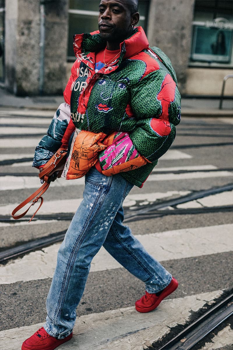 Milan Men's Fashion Week FW22 Street Style Served Coziness in Standout Patterns and Baggy Silhouettes fendi prada comme des garcons jw anderson