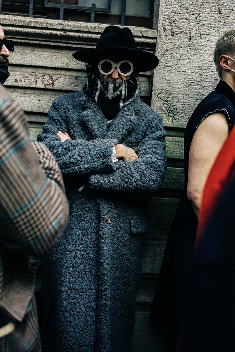 Milan Men's Fashion Week FW22 Street Style Served Coziness in Standout Patterns and Baggy Silhouettes fendi prada comme des garcons jw anderson