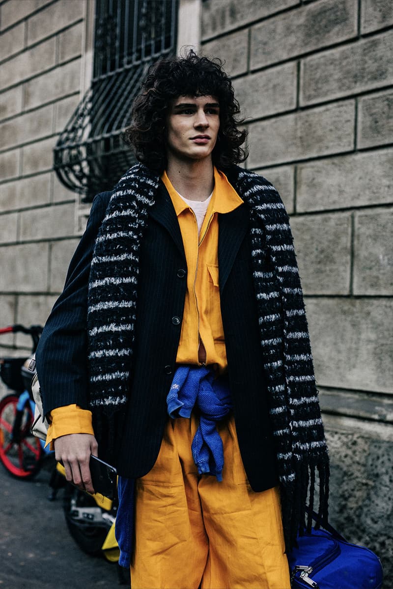 Milan Men's Fashion Week FW22 Street Style Served Coziness in Standout Patterns and Baggy Silhouettes fendi prada comme des garcons jw anderson