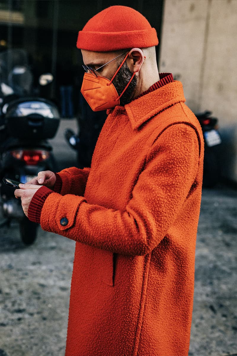 Milan Men's Fashion Week FW22 Street Style Served Coziness in Standout Patterns and Baggy Silhouettes fendi prada comme des garcons jw anderson