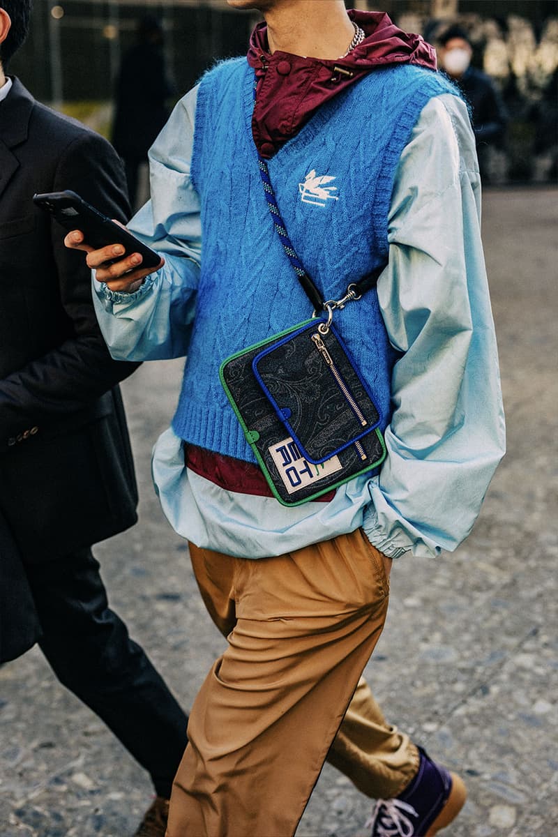 Milan Men's Fashion Week FW22 Street Style Served Coziness in Standout Patterns and Baggy Silhouettes fendi prada comme des garcons jw anderson