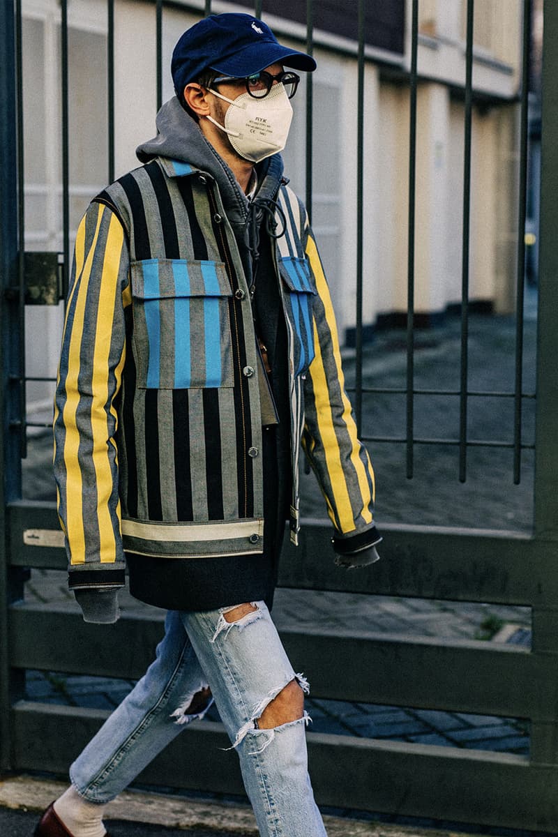 Milan Men's Fashion Week FW22 Street Style Served Coziness in Standout Patterns and Baggy Silhouettes fendi prada comme des garcons jw anderson