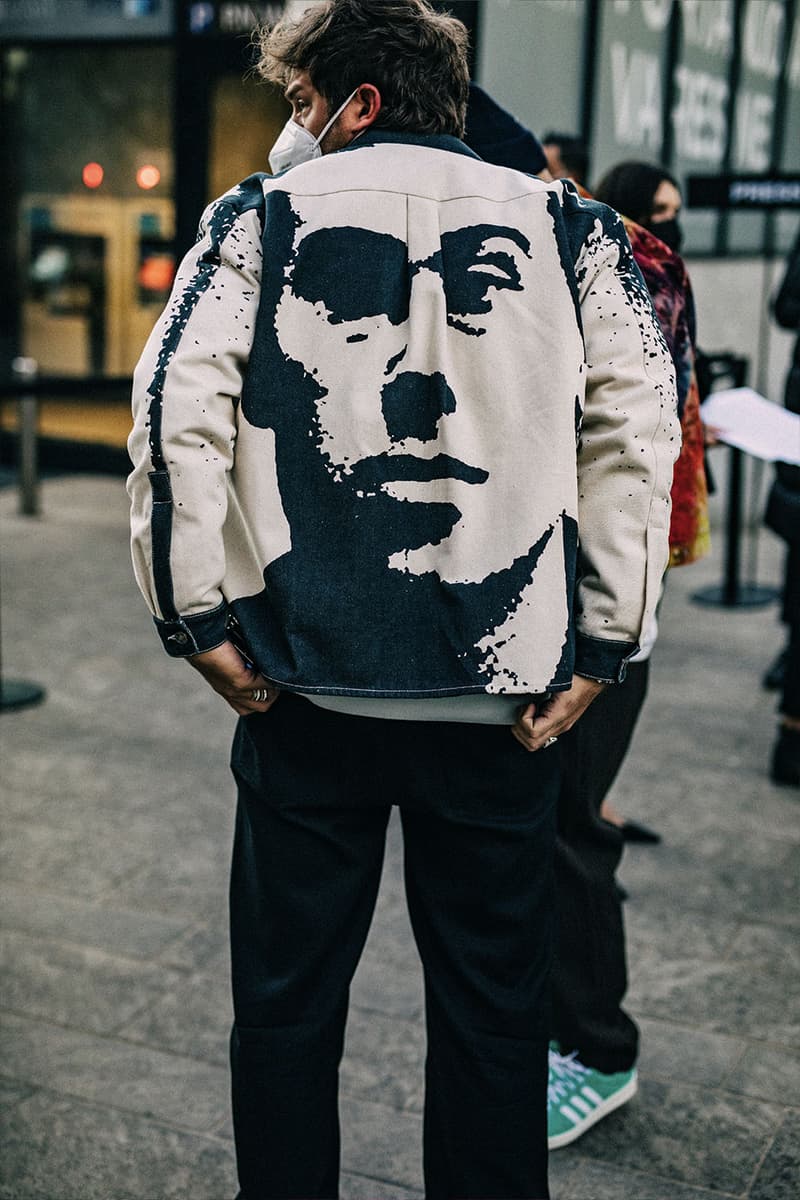 Milan Men's Fashion Week FW22 Street Style Served Coziness in Standout Patterns and Baggy Silhouettes fendi prada comme des garcons jw anderson