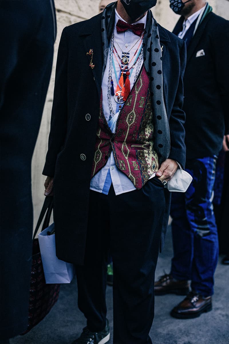 Milan Men's Fashion Week FW22 Street Style Served Coziness in Standout Patterns and Baggy Silhouettes fendi prada comme des garcons jw anderson