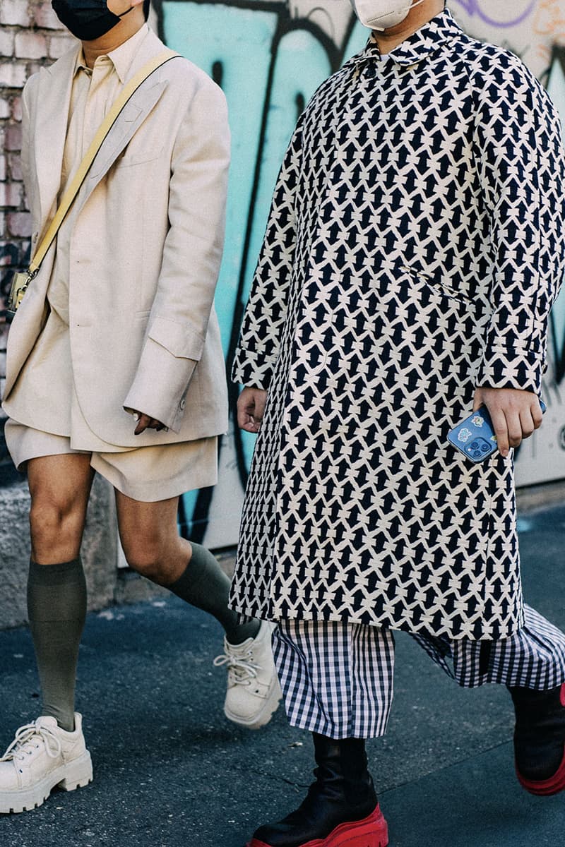 Milan Men's Fashion Week FW22 Street Style Served Coziness in Standout Patterns and Baggy Silhouettes fendi prada comme des garcons jw anderson