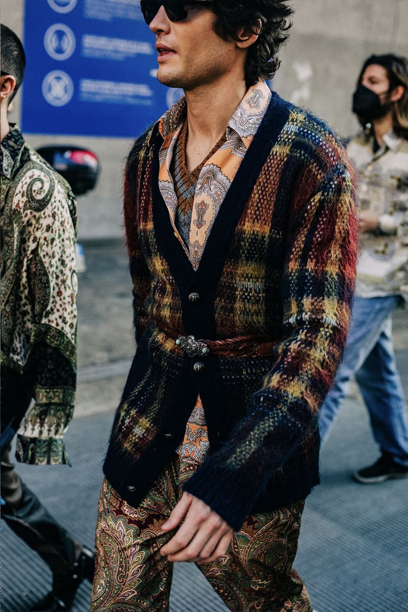 Milan Men's Fashion Week FW22 Street Style Served Coziness in Standout Patterns and Baggy Silhouettes fendi prada comme des garcons jw anderson