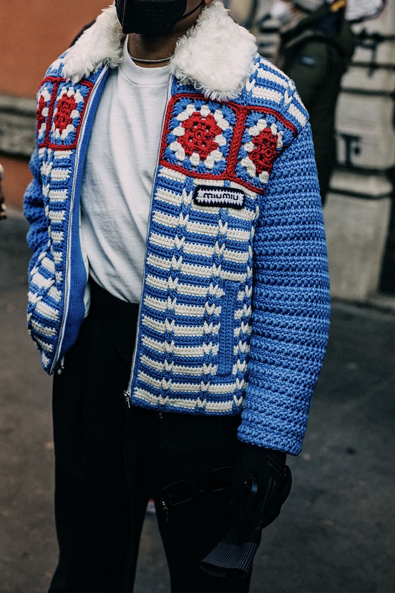 Milan Men's Fashion Week FW22 Street Style Served Coziness in Standout Patterns and Baggy Silhouettes fendi prada comme des garcons jw anderson