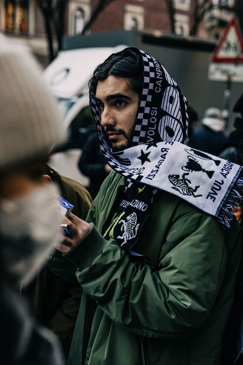 Milan Men's Fashion Week FW22 Street Style Served Coziness in Standout Patterns and Baggy Silhouettes fendi prada comme des garcons jw anderson