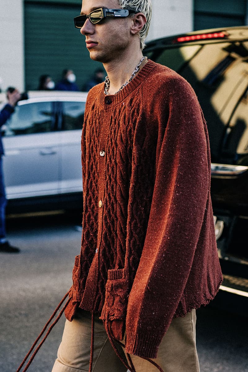 Milan Men's Fashion Week FW22 Street Style Served Coziness in Standout Patterns and Baggy Silhouettes fendi prada comme des garcons jw anderson