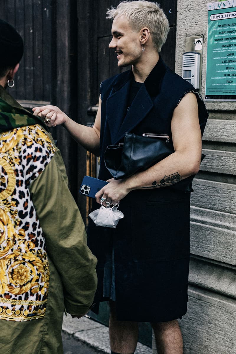 Milan Men's Fashion Week FW22 Street Style Served Coziness in Standout Patterns and Baggy Silhouettes fendi prada comme des garcons jw anderson