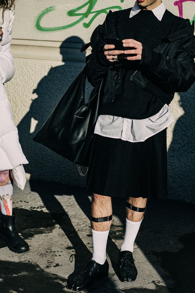 Milan Men's Fashion Week FW22 Street Style Served Coziness in Standout Patterns and Baggy Silhouettes fendi prada comme des garcons jw anderson