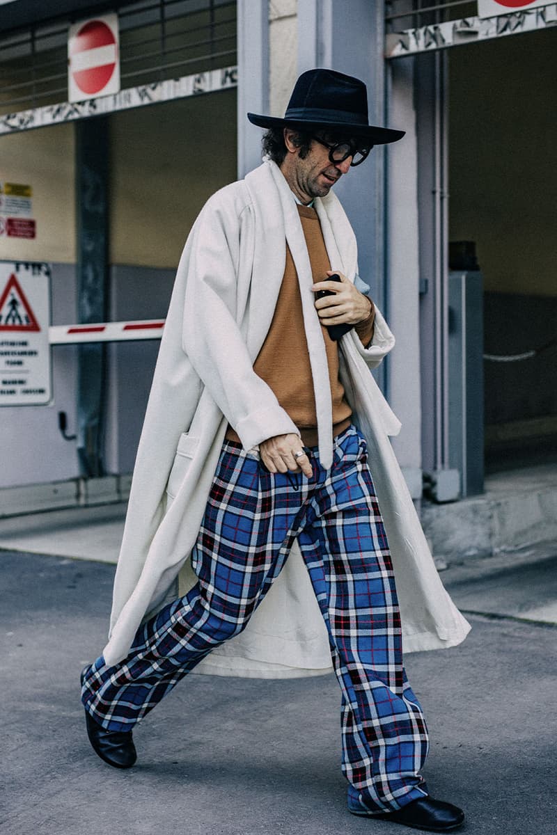 Milan Men's Fashion Week FW22 Street Style Served Coziness in Standout Patterns and Baggy Silhouettes fendi prada comme des garcons jw anderson