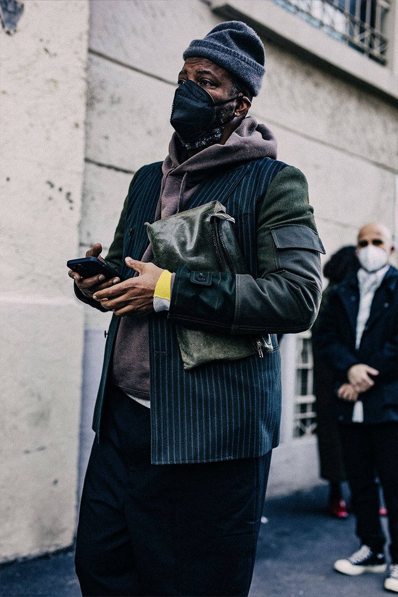 Milan Men's Fashion Week FW22 Street Style Served Coziness in Standout Patterns and Baggy Silhouettes fendi prada comme des garcons jw anderson