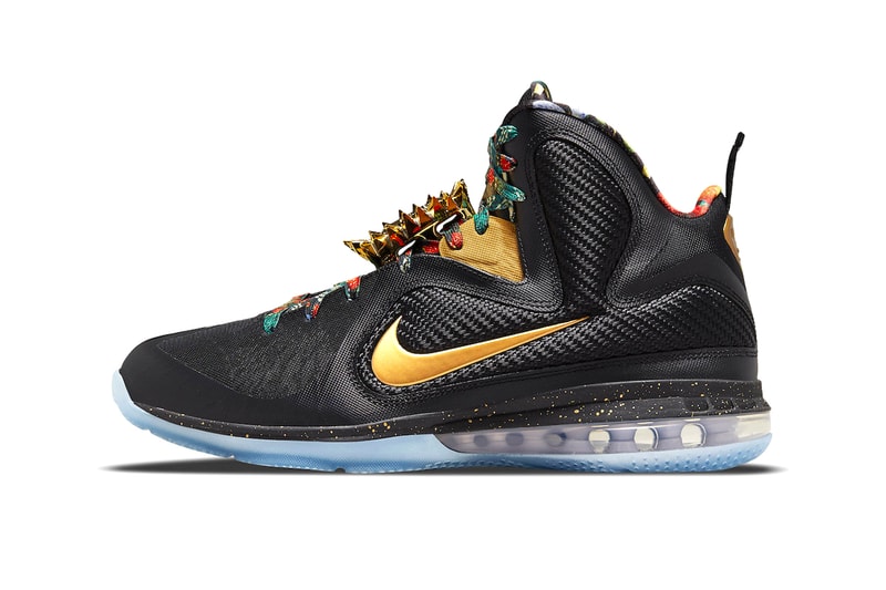 Nike LeBron 9 Watch The Throne January 6 DO9353 001 2022 Riccardo tisci black gold lace lock floral laces blue translucent sole shoes sneakers basketball exclusive release info date