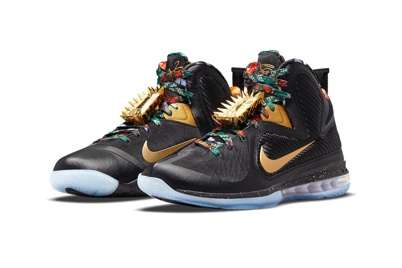 Nike LeBron 9 Watch The Throne January 6 DO9353 001 2022 Riccardo tisci black gold lace lock floral laces blue translucent sole shoes sneakers basketball exclusive release info date