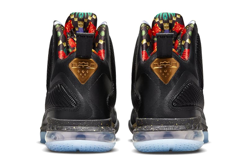 Nike LeBron 9 Watch The Throne January 6 DO9353 001 2022 Riccardo tisci black gold lace lock floral laces blue translucent sole shoes sneakers basketball exclusive release info date